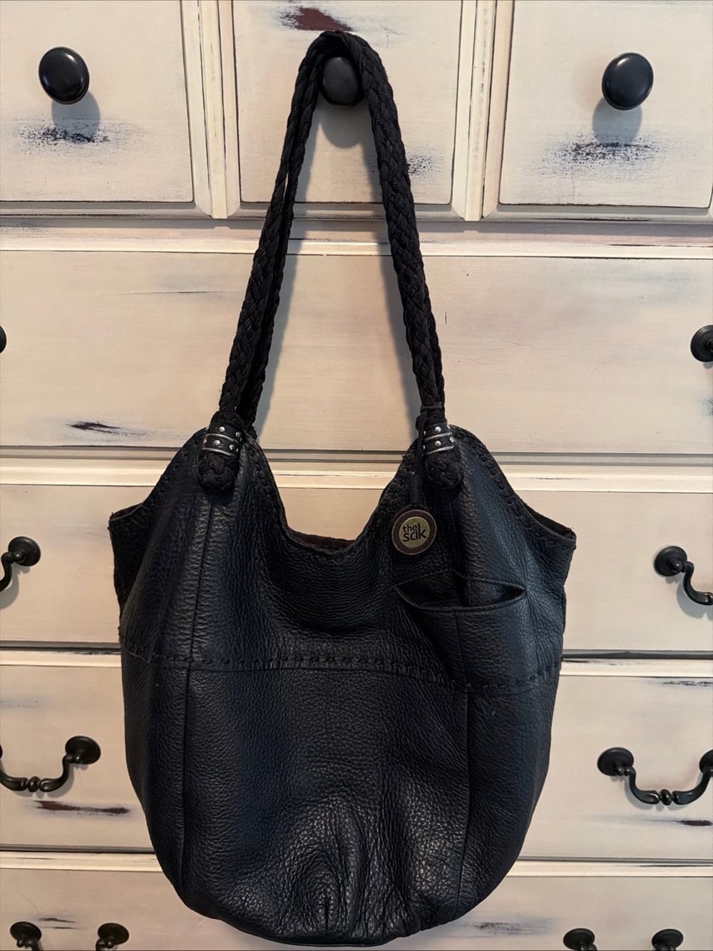 ✔️The Sak Black Leather Braided-Handle Hobo Bag